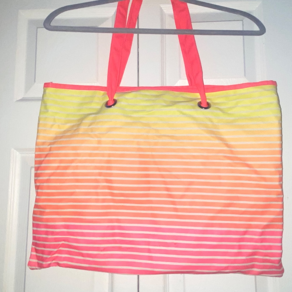 Victoria’s Secret Neon Pink & Yellow Stripe Tote Beach Bag - Picture 2 of 4
